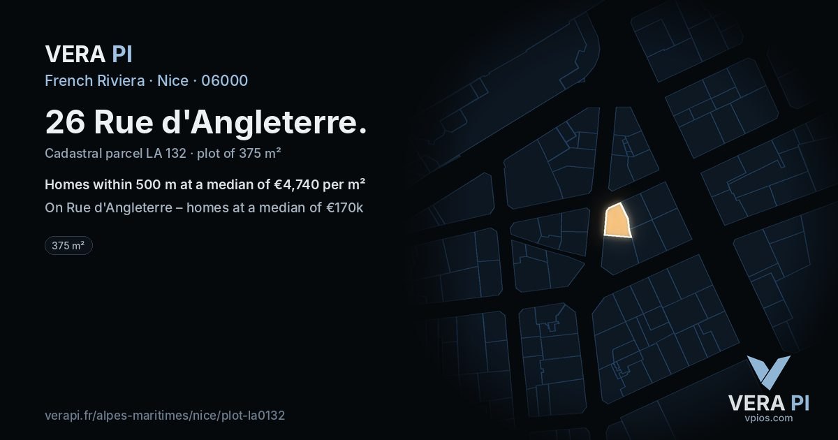 26 Rue d'Angleterre, Nice at night – the plot lit, the parcels around coloured by the prices near them