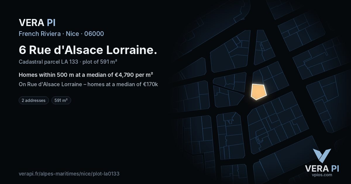 6 Rue d'Alsace Lorraine, Nice at night – the plot lit, the parcels around coloured by the prices near them