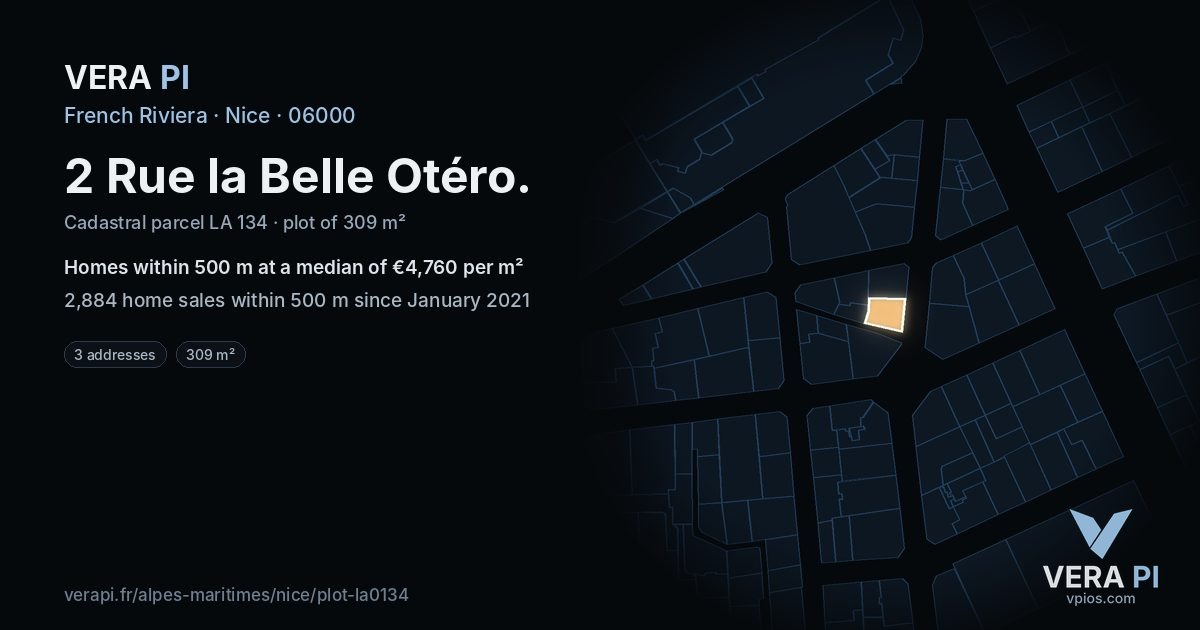 2 Rue la Belle Otéro, Nice at night – the plot lit, the parcels around coloured by the prices near them
