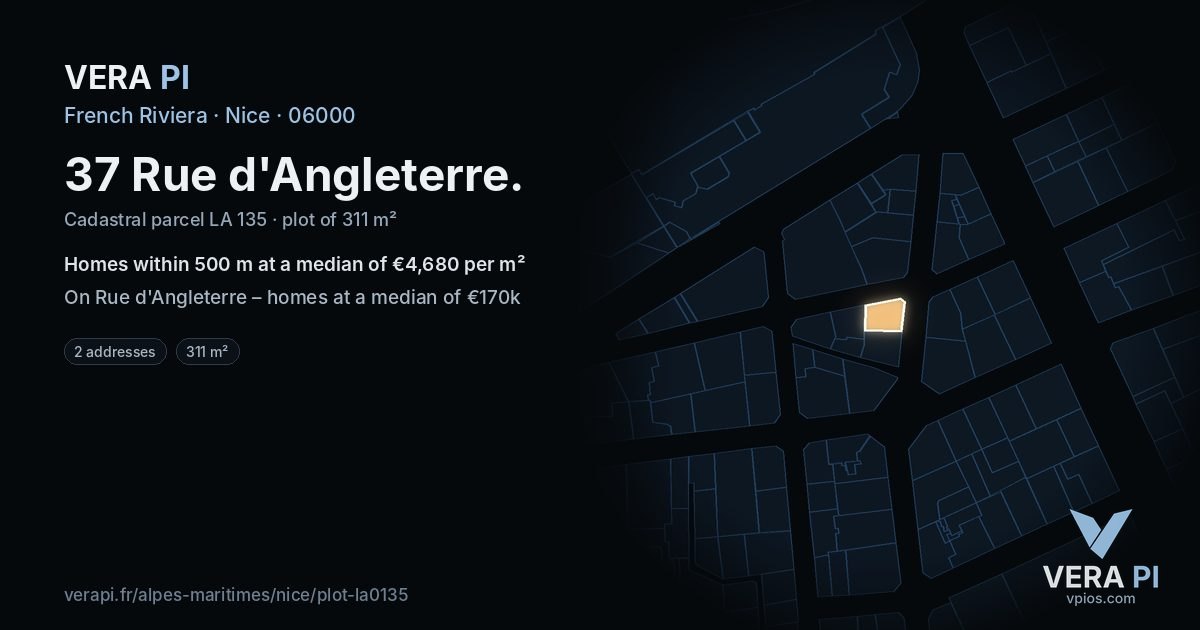 37 Rue d'Angleterre, Nice at night – the plot lit, the parcels around coloured by the prices near them