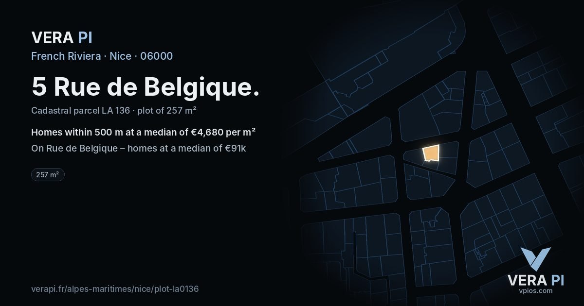 5 Rue de Belgique, Nice at night – the plot lit, the parcels around coloured by the prices near them