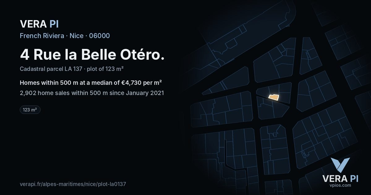 4 Rue la Belle Otéro, Nice at night – the plot lit, the parcels around coloured by the prices near them