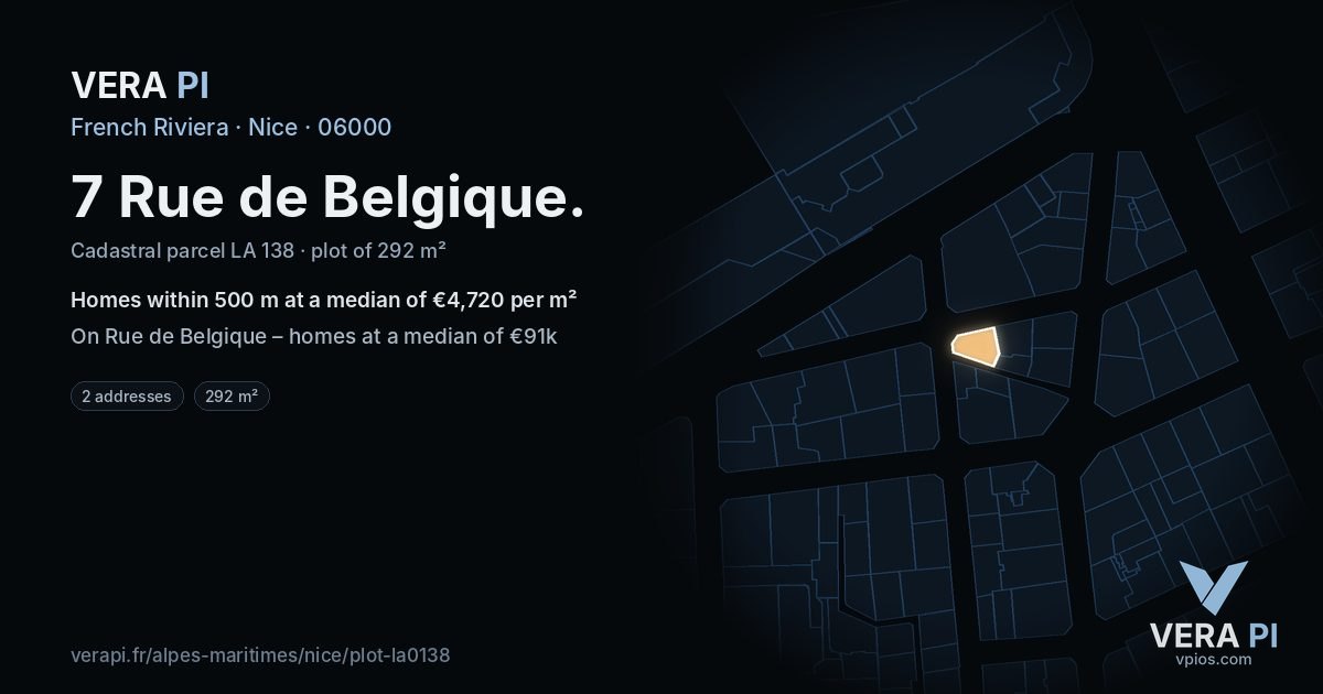 7 Rue de Belgique, Nice at night – the plot lit, the parcels around coloured by the prices near them