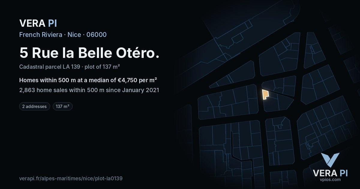 5 Rue la Belle Otéro, Nice at night – the plot lit, the parcels around coloured by the prices near them