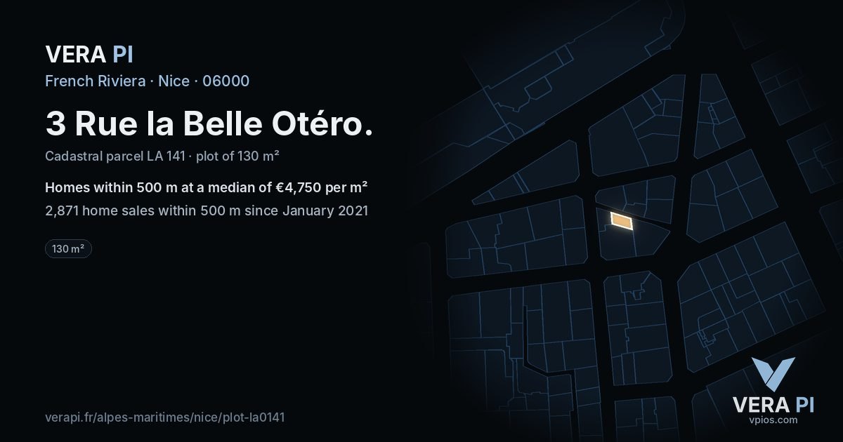 3 Rue la Belle Otéro, Nice at night – the plot lit, the parcels around coloured by the prices near them
