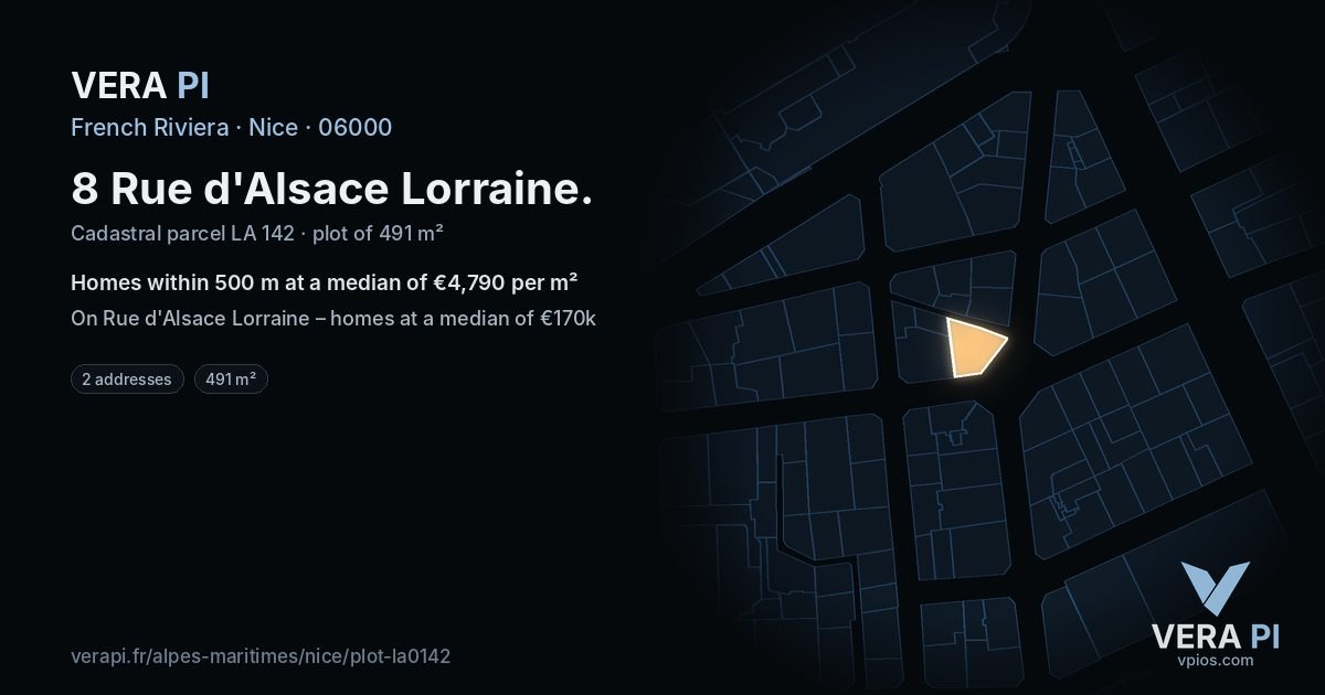 8 Rue d'Alsace Lorraine, Nice at night – the plot lit, the parcels around coloured by the prices near them