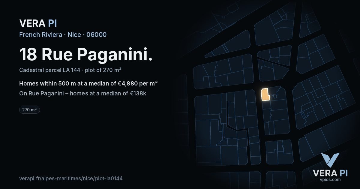 18 Rue Paganini, Nice at night – the plot lit, the parcels around coloured by the prices near them