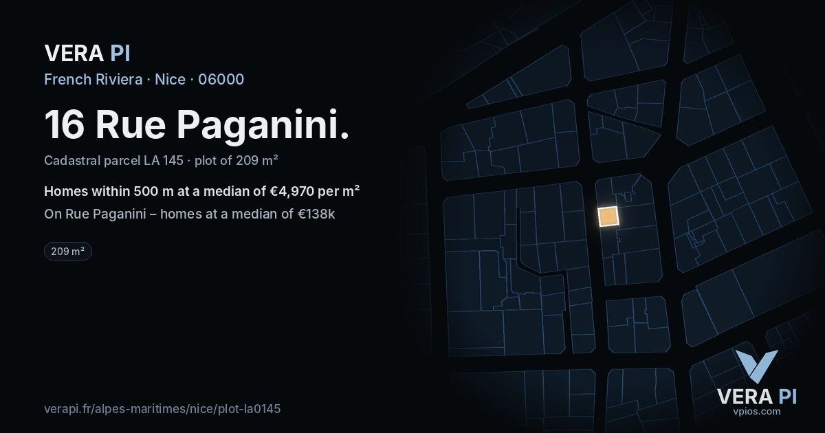 16 Rue Paganini, Nice at night – the plot lit, the parcels around coloured by the prices near them