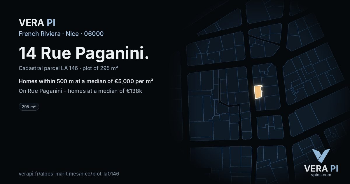 14 Rue Paganini, Nice at night – the plot lit, the parcels around coloured by the prices near them