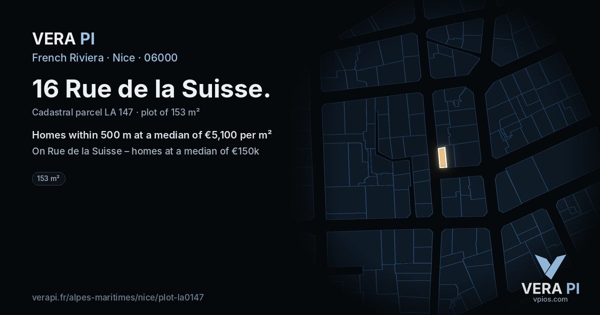 16 Rue de la Suisse, Nice at night – the plot lit, the parcels around coloured by the prices near them