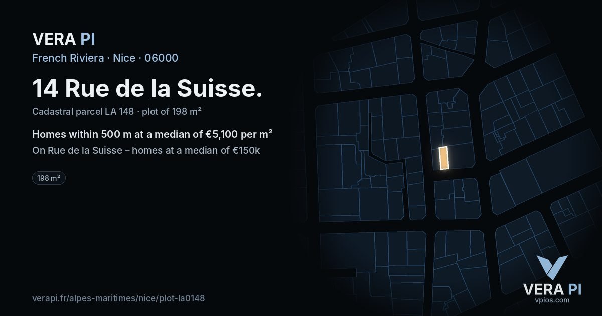 14 Rue de la Suisse, Nice at night – the plot lit, the parcels around coloured by the prices near them