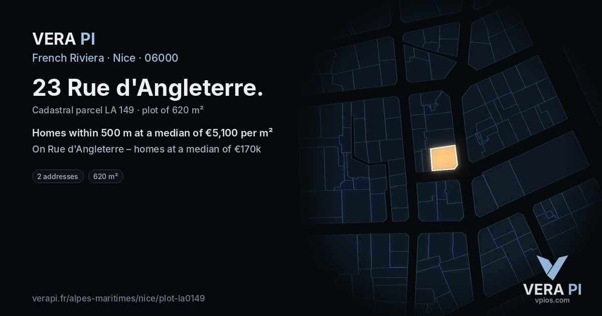 23 Rue d'Angleterre, Nice at night – the plot lit, the parcels around coloured by the prices near them