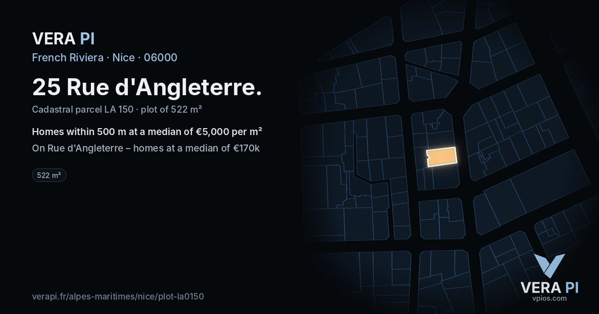 25 Rue d'Angleterre, Nice at night – the plot lit, the parcels around coloured by the prices near them
