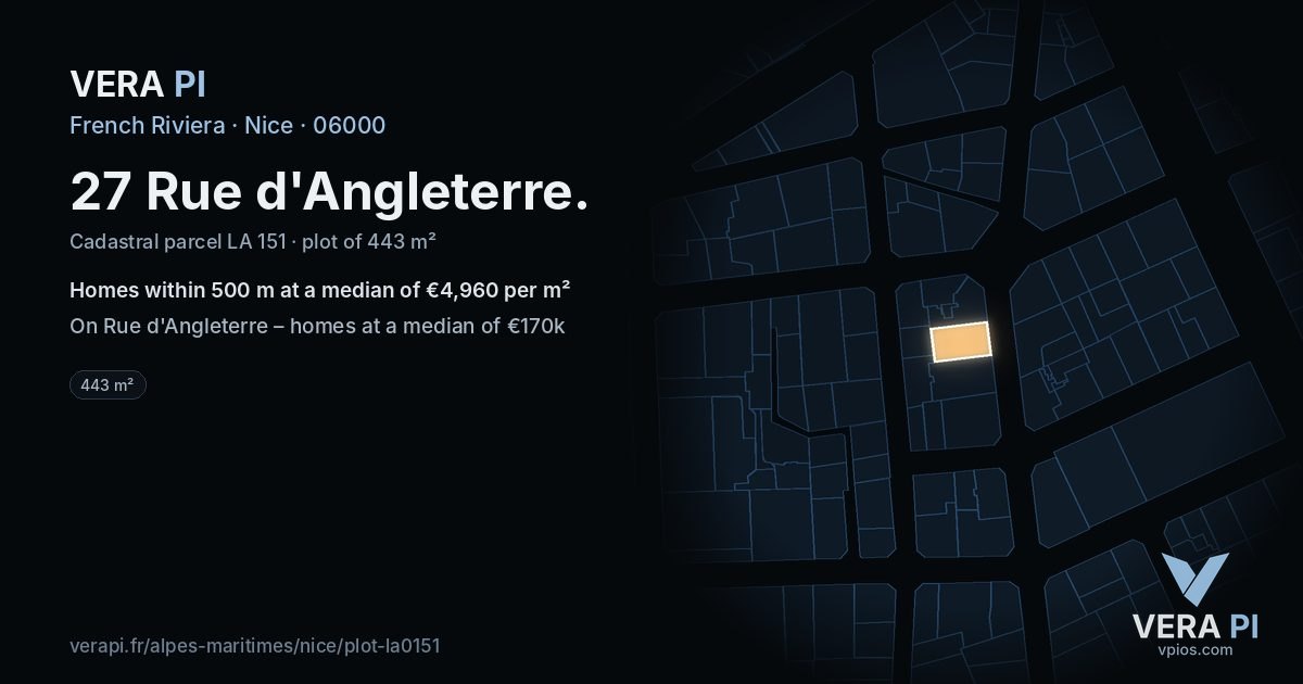 27 Rue d'Angleterre, Nice at night – the plot lit, the parcels around coloured by the prices near them