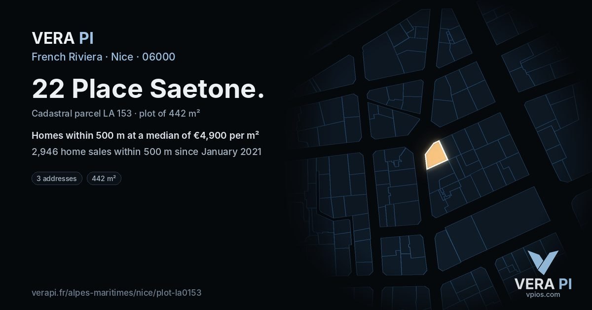 22 Place Saetone, Nice at night – the plot lit, the parcels around coloured by the prices near them