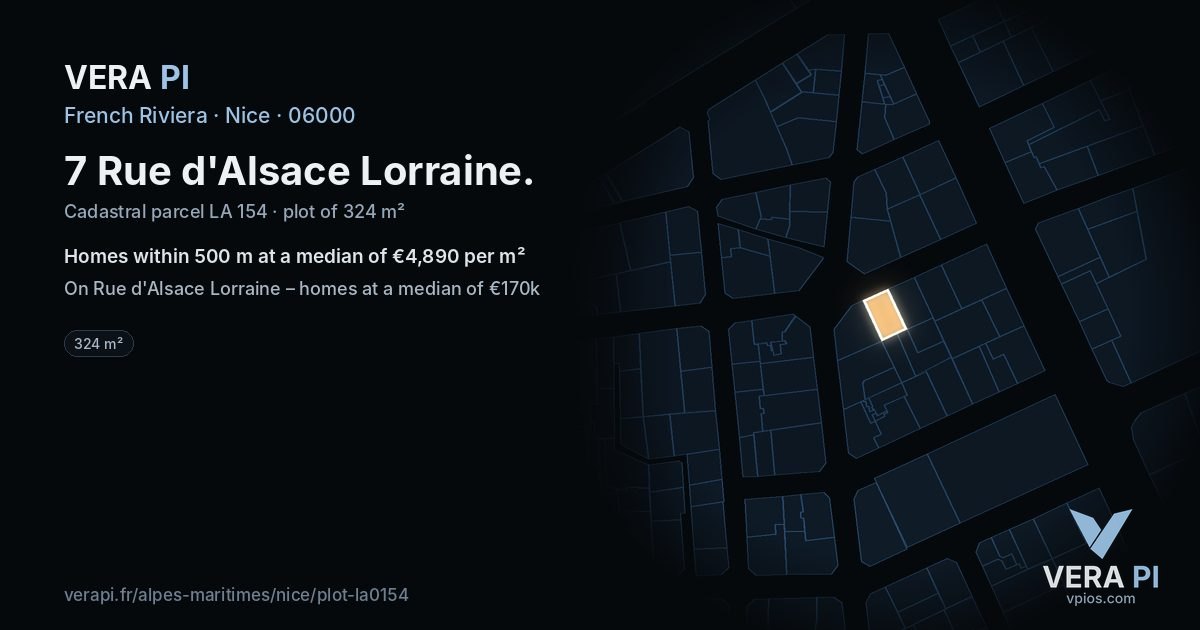 7 Rue d'Alsace Lorraine, Nice at night – the plot lit, the parcels around coloured by the prices near them
