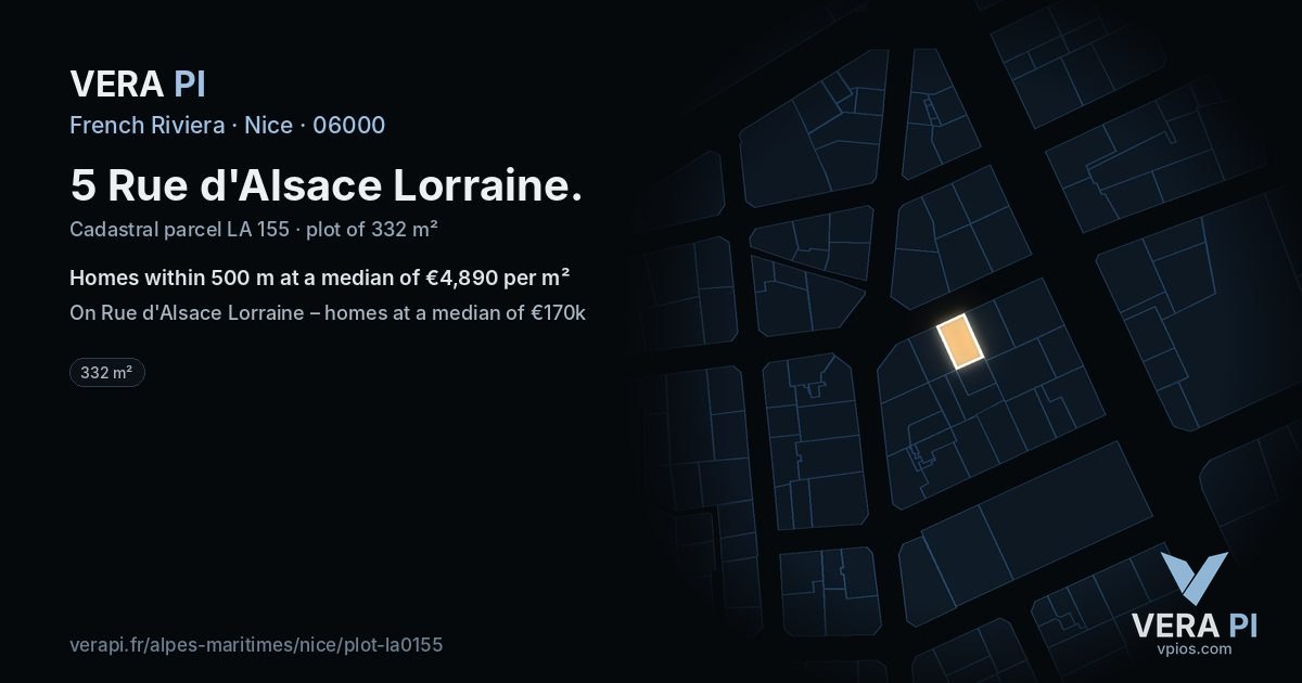 5 Rue d'Alsace Lorraine, Nice at night – the plot lit, the parcels around coloured by the prices near them