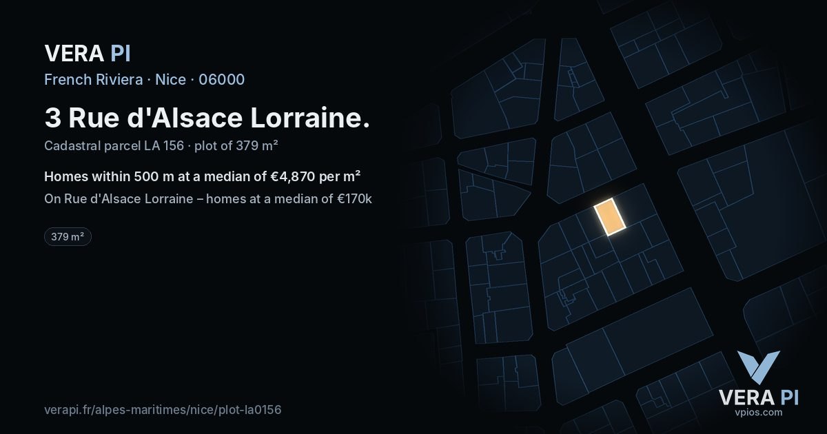 3 Rue d'Alsace Lorraine, Nice at night – the plot lit, the parcels around coloured by the prices near them