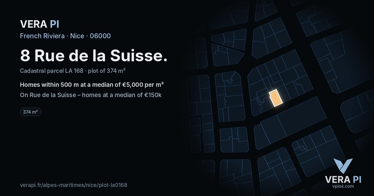 8 Rue de la Suisse, Nice at night – the plot lit, the parcels around coloured by the prices near them