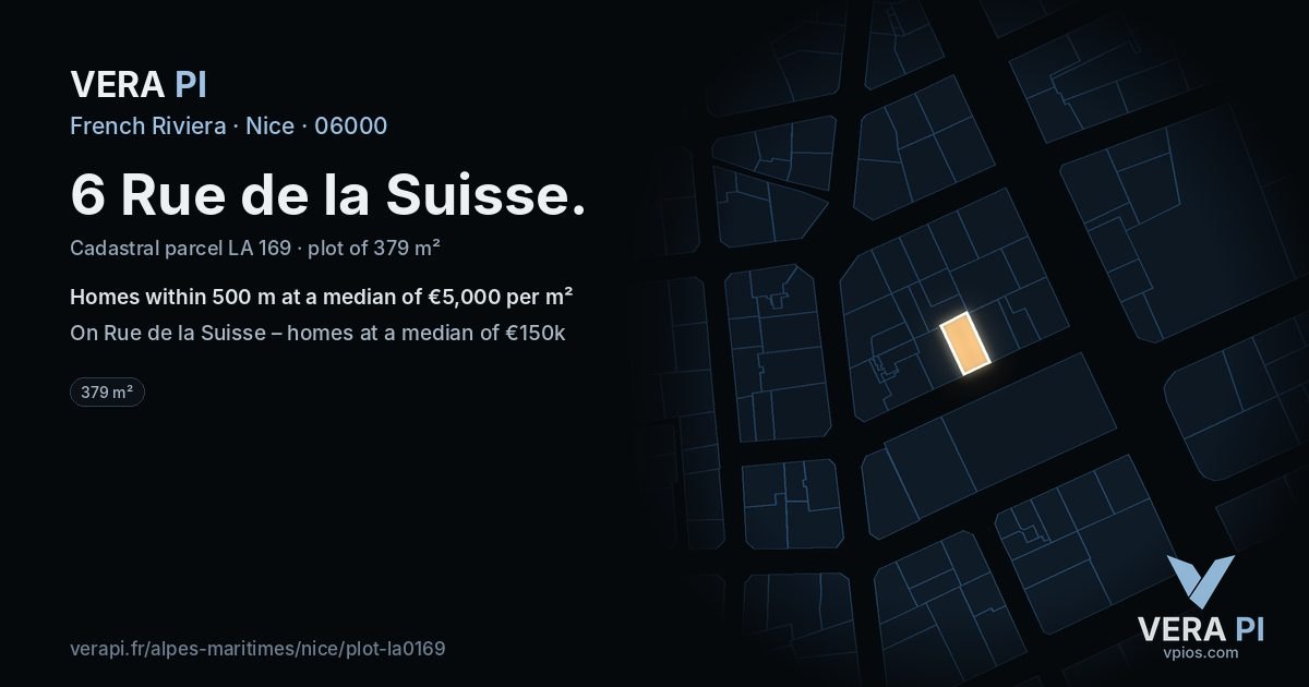 6 Rue de la Suisse, Nice at night – the plot lit, the parcels around coloured by the prices near them