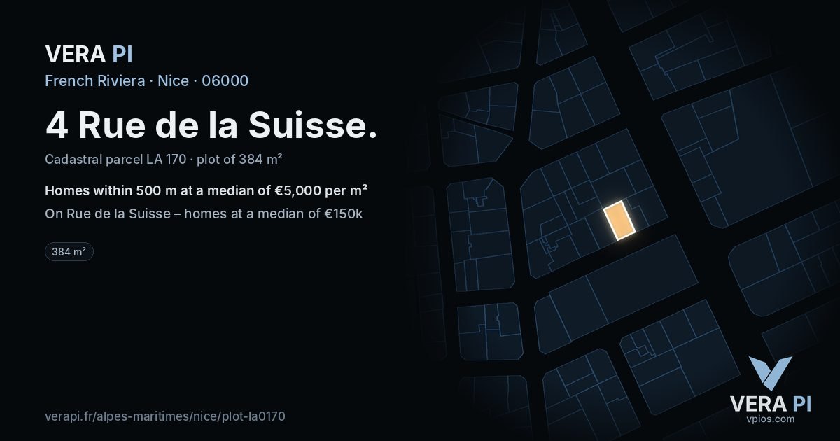 4 Rue de la Suisse, Nice at night – the plot lit, the parcels around coloured by the prices near them