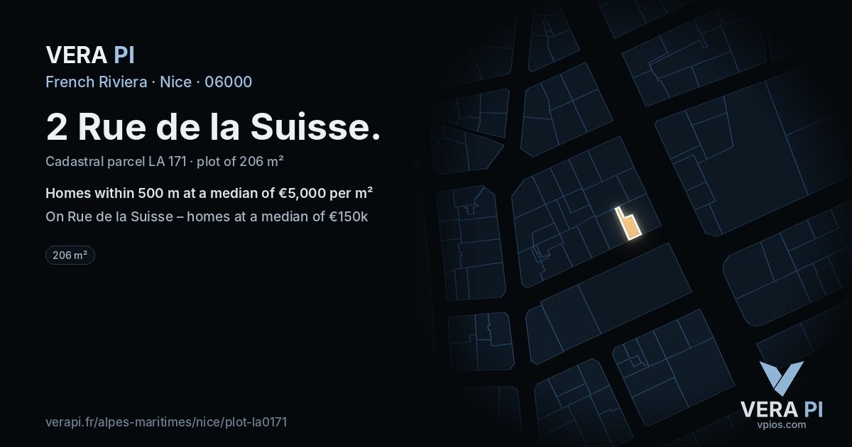 2 Rue de la Suisse, Nice at night – the plot lit, the parcels around coloured by the prices near them
