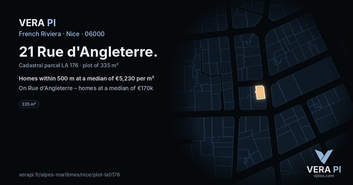 21 Rue d'Angleterre, Nice at night – the plot lit, the parcels around coloured by the prices near them