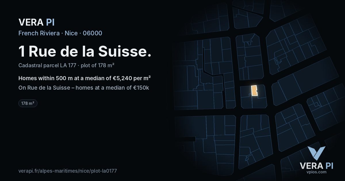 1 Rue de la Suisse, Nice at night – the plot lit, the parcels around coloured by the prices near them