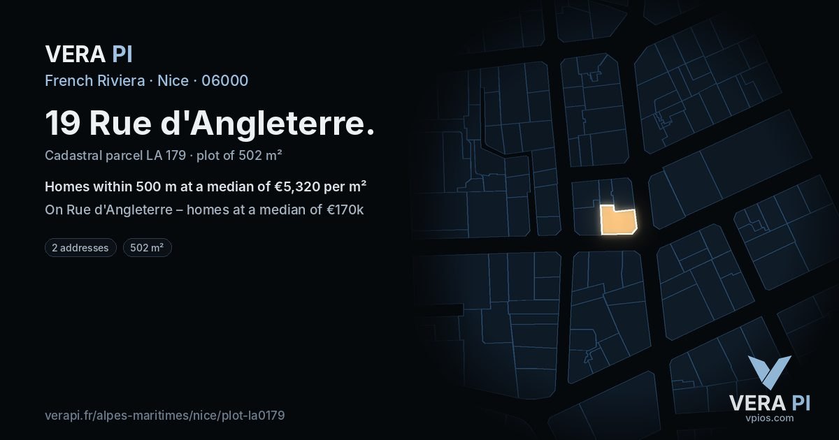 19 Rue d'Angleterre, Nice at night – the plot lit, the parcels around coloured by the prices near them