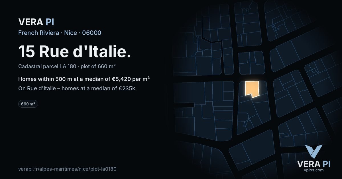 15 Rue d'Italie, Nice at night – the plot lit, the parcels around coloured by the prices near them