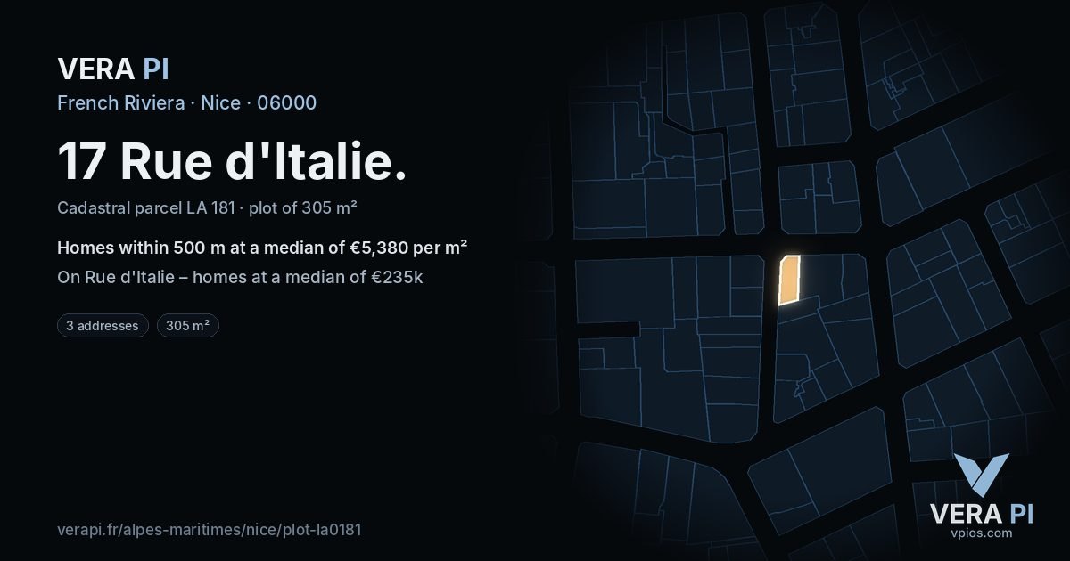 17 Rue d'Italie, Nice at night – the plot lit, the parcels around coloured by the prices near them