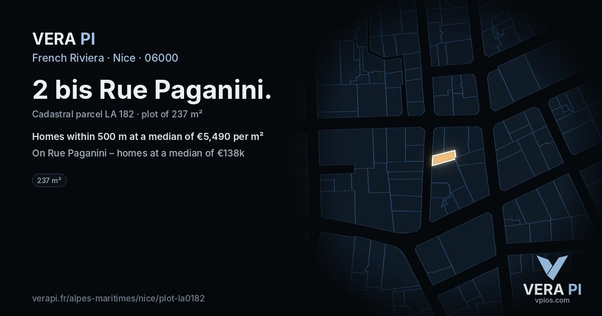 2 bis Rue Paganini, Nice at night – the plot lit, the parcels around coloured by the prices near them