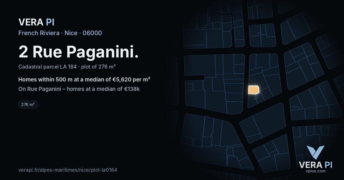 2 Rue Paganini, Nice at night – the plot lit, the parcels around coloured by the prices near them