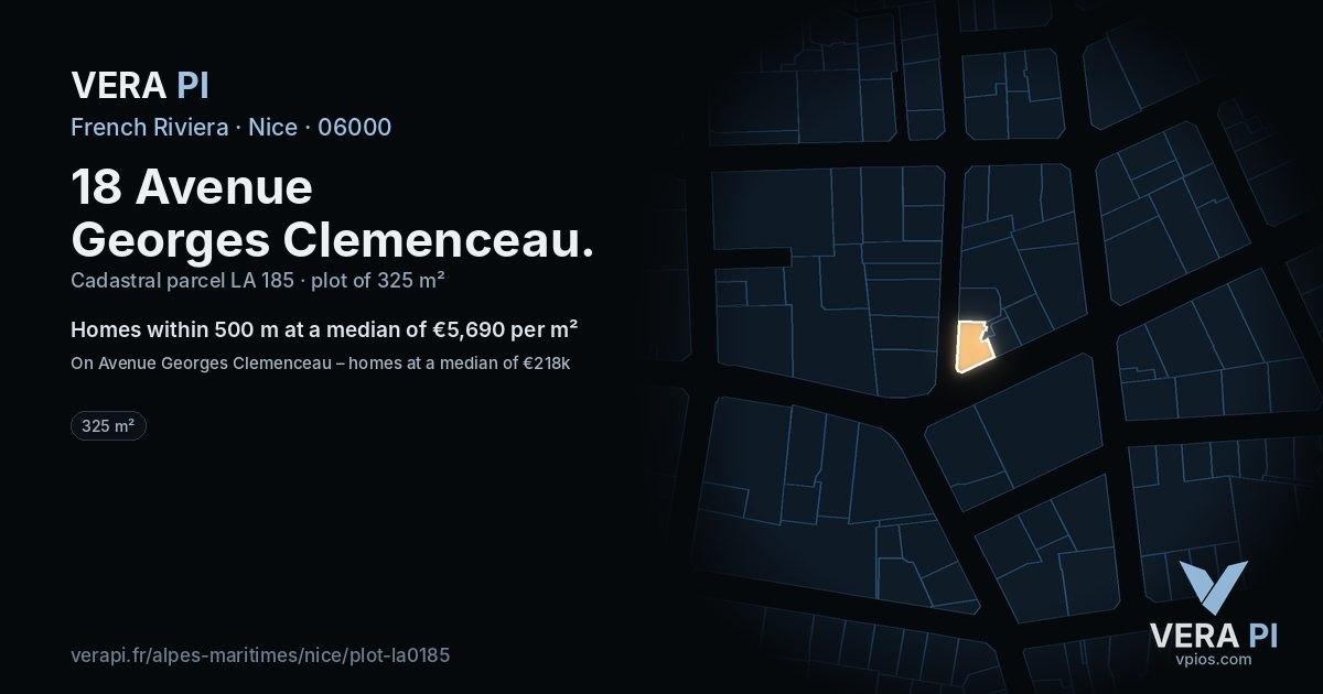 18 Avenue Georges Clemenceau, Nice at night – the plot lit, the parcels around coloured by the prices near them