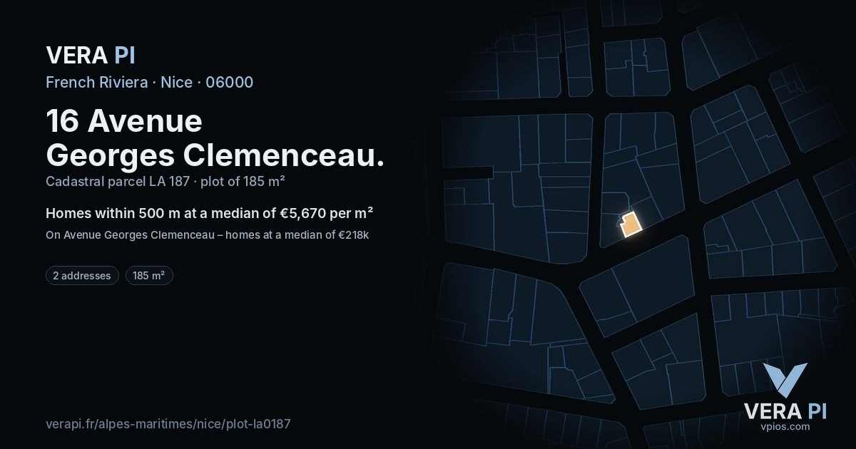 16 Avenue Georges Clemenceau, Nice at night – the plot lit, the parcels around coloured by the prices near them