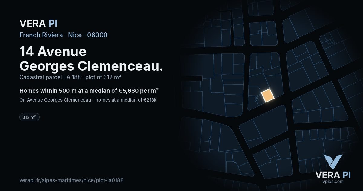 14 Avenue Georges Clemenceau, Nice at night – the plot lit, the parcels around coloured by the prices near them