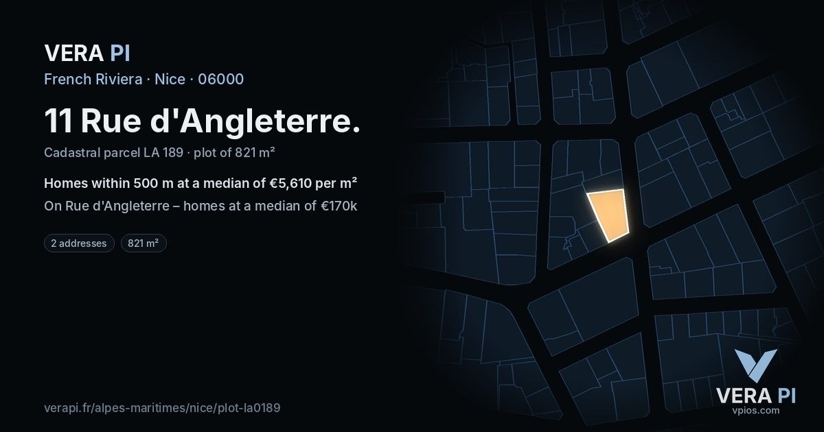 11 Rue d'Angleterre, Nice at night – the plot lit, the parcels around coloured by the prices near them