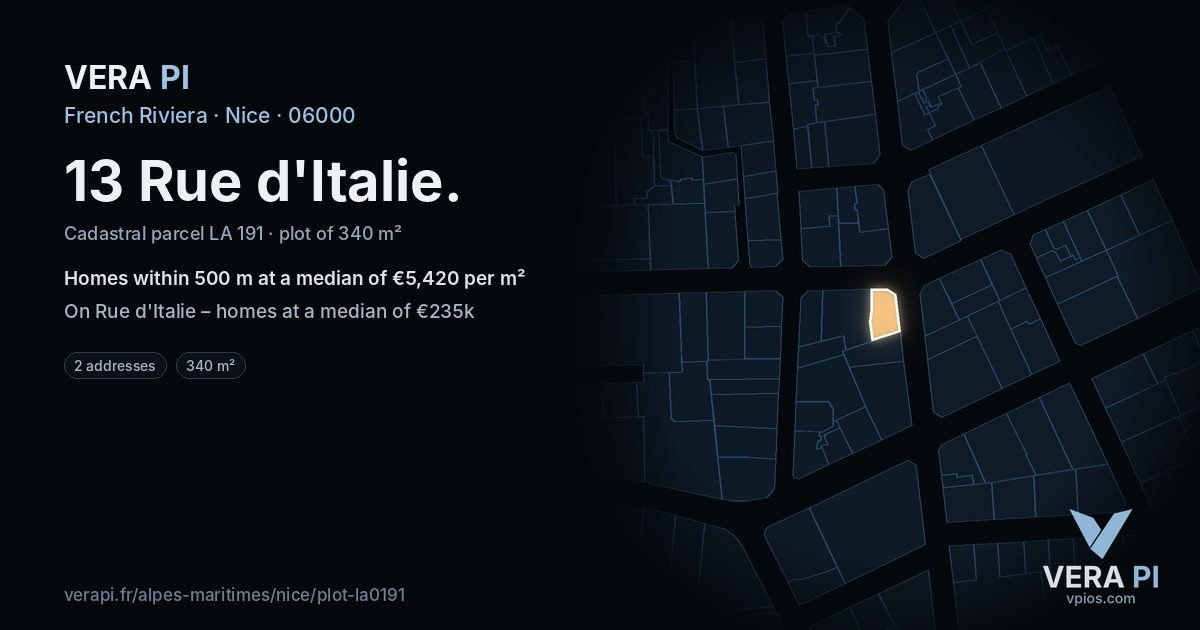 13 Rue d'Italie, Nice at night – the plot lit, the parcels around coloured by the prices near them