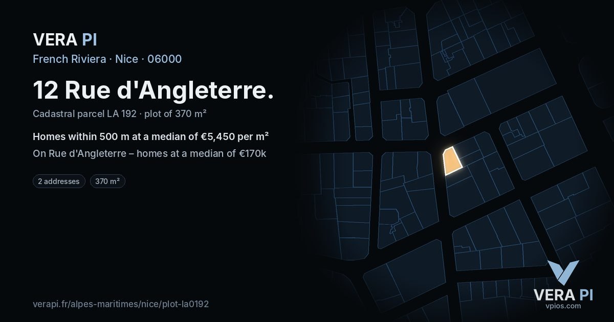 12 Rue d'Angleterre, Nice at night – the plot lit, the parcels around coloured by the prices near them