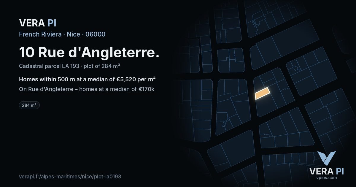 10 Rue d'Angleterre, Nice at night – the plot lit, the parcels around coloured by the prices near them