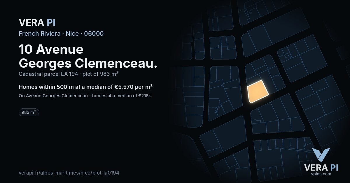 10 Avenue Georges Clemenceau, Nice at night – the plot lit, the parcels around coloured by the prices near them