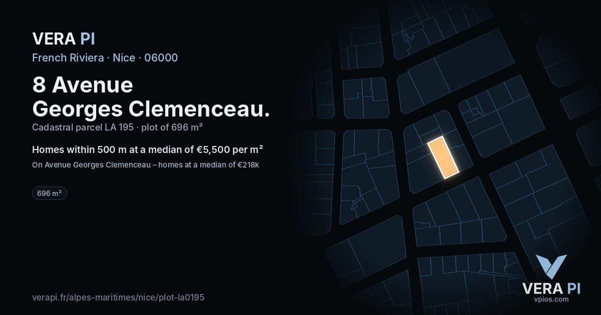 8 Avenue Georges Clemenceau, Nice at night – the plot lit, the parcels around coloured by the prices near them
