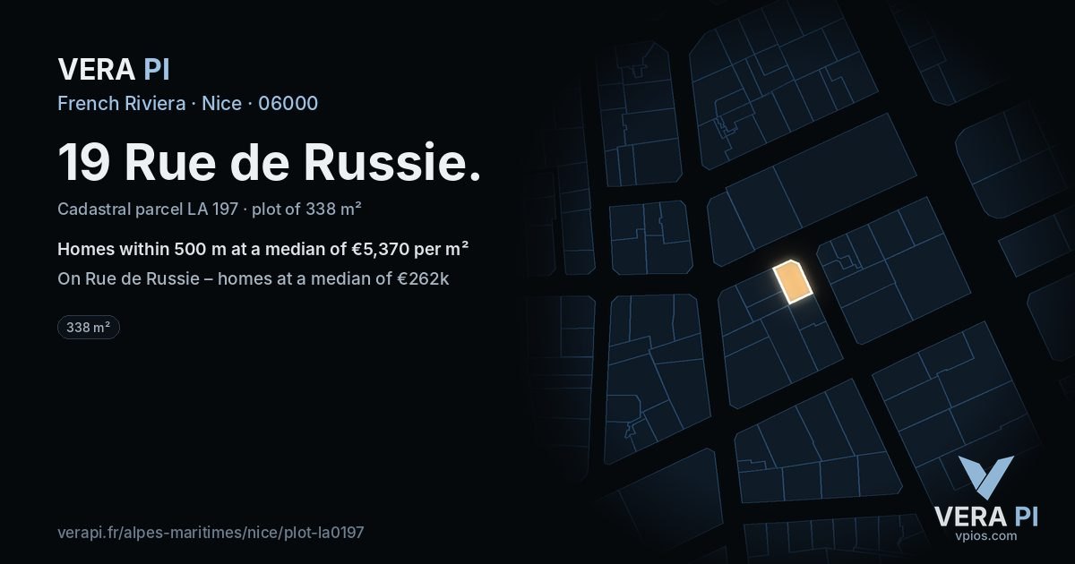 19 Rue de Russie, Nice at night – the plot lit, the parcels around coloured by the prices near them