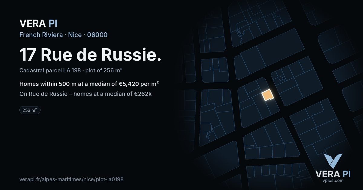 17 Rue de Russie, Nice at night – the plot lit, the parcels around coloured by the prices near them
