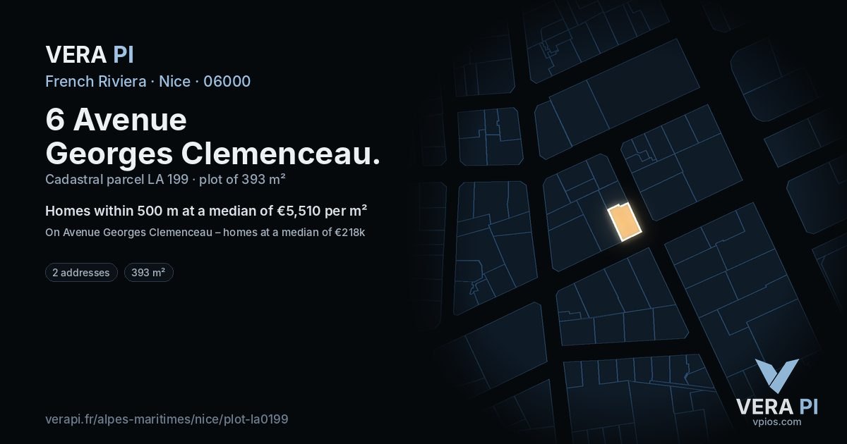 6 Avenue Georges Clemenceau, Nice at night – the plot lit, the parcels around coloured by the prices near them