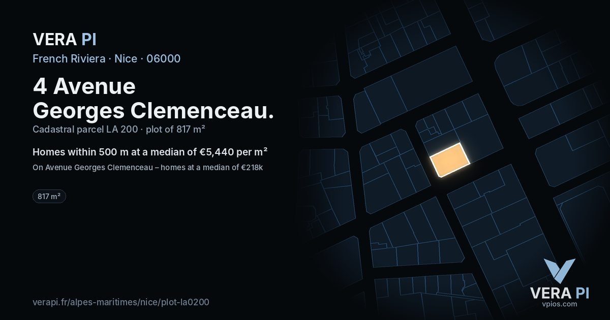 4 Avenue Georges Clemenceau, Nice at night – the plot lit, the parcels around coloured by the prices near them
