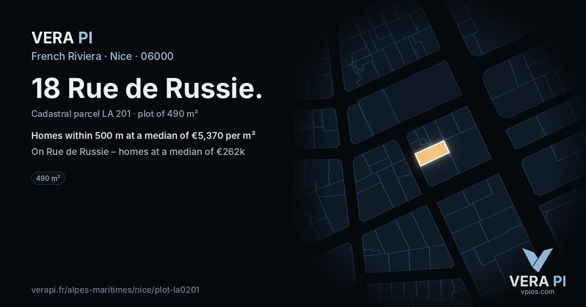 18 Rue de Russie, Nice at night – the plot lit, the parcels around coloured by the prices near them