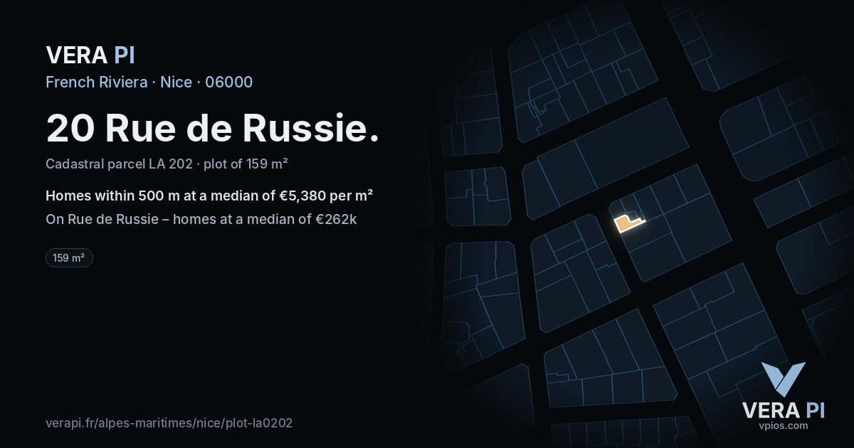 20 Rue de Russie, Nice at night – the plot lit, the parcels around coloured by the prices near them