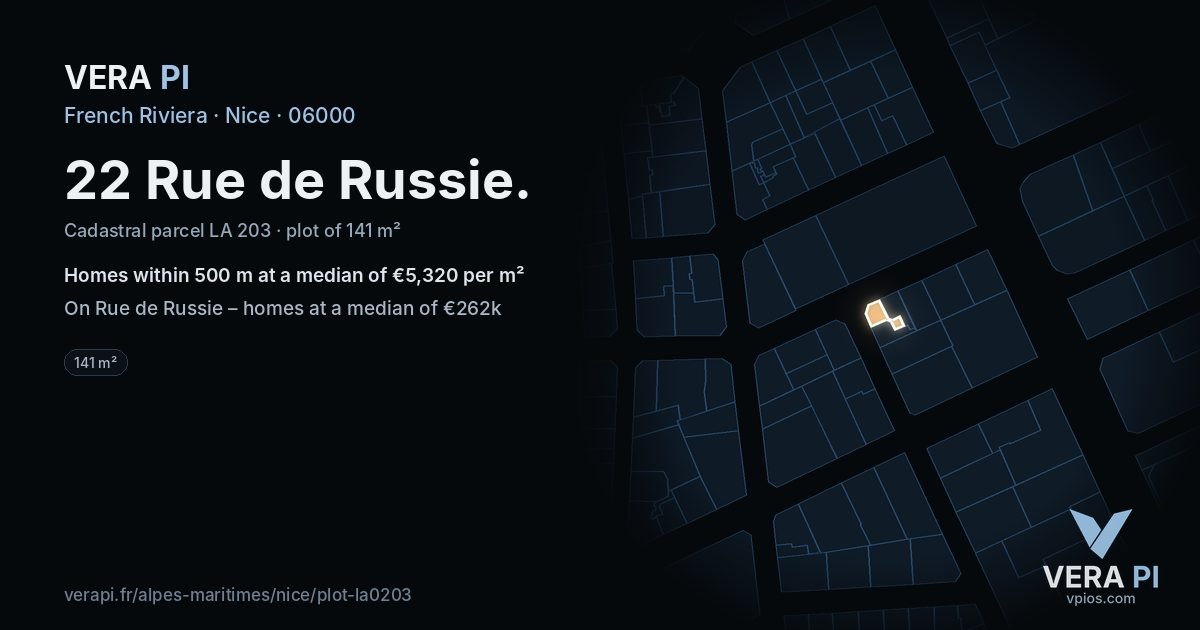 22 Rue de Russie, Nice at night – the plot lit, the parcels around coloured by the prices near them