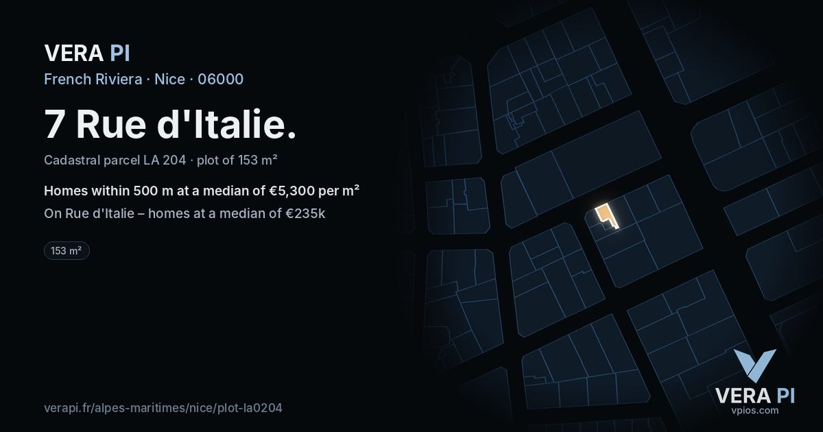 7 Rue d'Italie, Nice at night – the plot lit, the parcels around coloured by the prices near them